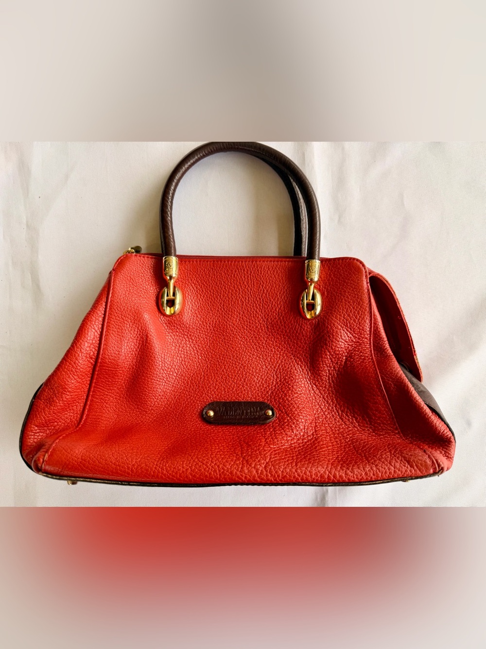 Valentina Orange Red & Brown Leather Satchel with Gold Detail Accents